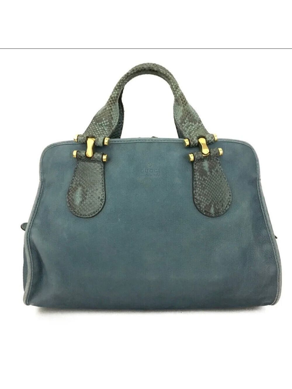 Authentic GUCCI Blue/Green Nubuck Leather Tote Satchel Bag